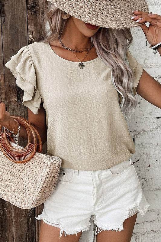Solid Color Ruffled Short Sleeve Casual Blouse - Shop Style & More | Fresh Looks, Everyday Deals & Free Shipping