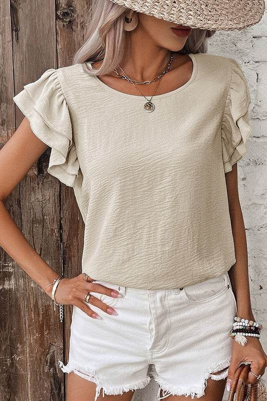 Solid Color Ruffled Short Sleeve Casual Blouse - Shop Style & More | Fresh Looks, Everyday Deals & Free Shipping