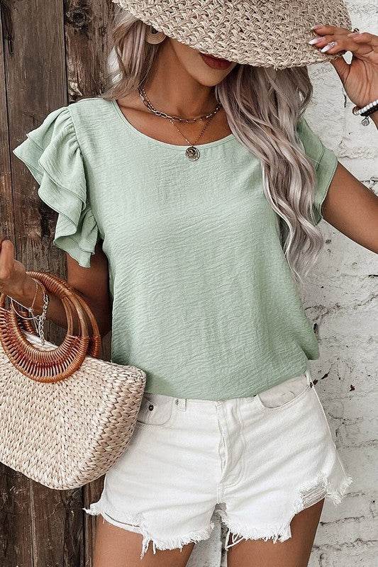 Solid Color Ruffled Short Sleeve Casual Blouse - Shop Style & More | Fresh Looks, Everyday Deals & Free Shipping
