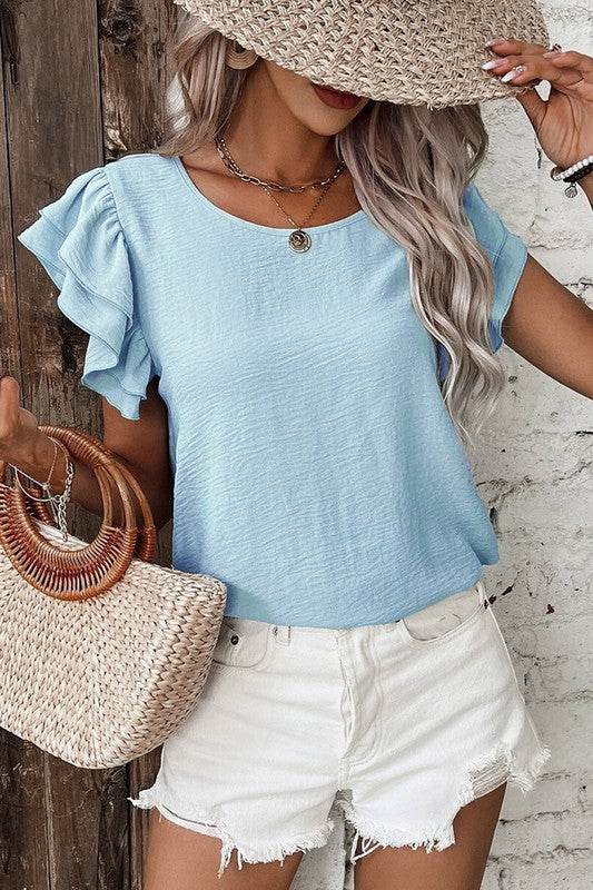 Solid Color Ruffled Short Sleeve Casual Blouse - Shop Style & More | Fresh Looks, Everyday Deals & Free Shipping