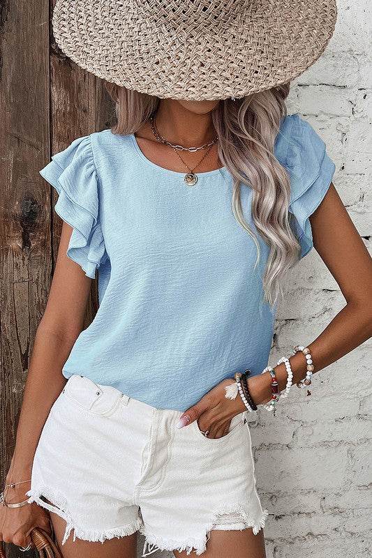 Solid Color Ruffled Short Sleeve Casual Blouse - Shop Style & More | Fresh Looks, Everyday Deals & Free Shipping
