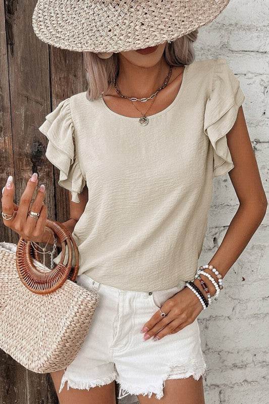 Solid Color Ruffled Short Sleeve Casual Blouse - Shop Style & More | Fresh Looks, Everyday Deals & Free Shipping