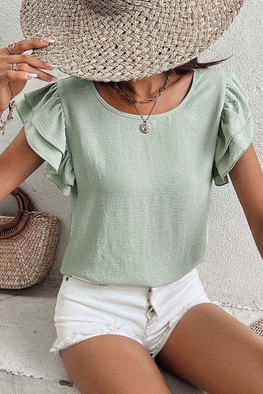 Solid Color Ruffled Short Sleeve Casual Blouse - Shop Style & More | Fresh Looks, Everyday Deals & Free Shipping