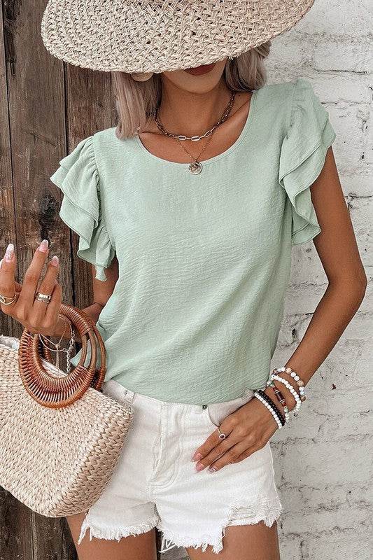 Solid Color Ruffled Short Sleeve Casual Blouse - Shop Style & More | Fresh Looks, Everyday Deals & Free Shipping