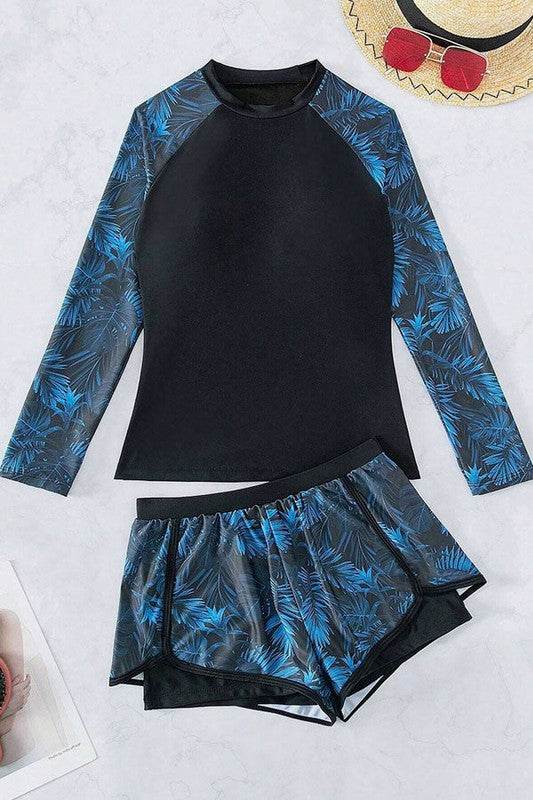 Tropical High Neck Shorts Long Sleeve Swimsuit - Shop Style & More | Fresh Looks, Everyday Deals & Free Shipping