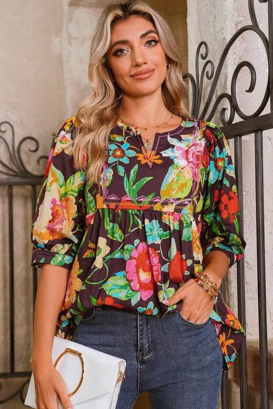Gray Flower Embroidered Trim Half Sleeve Blouse - Shop Style & More | Fresh Looks, Everyday Deals & Free Shipping