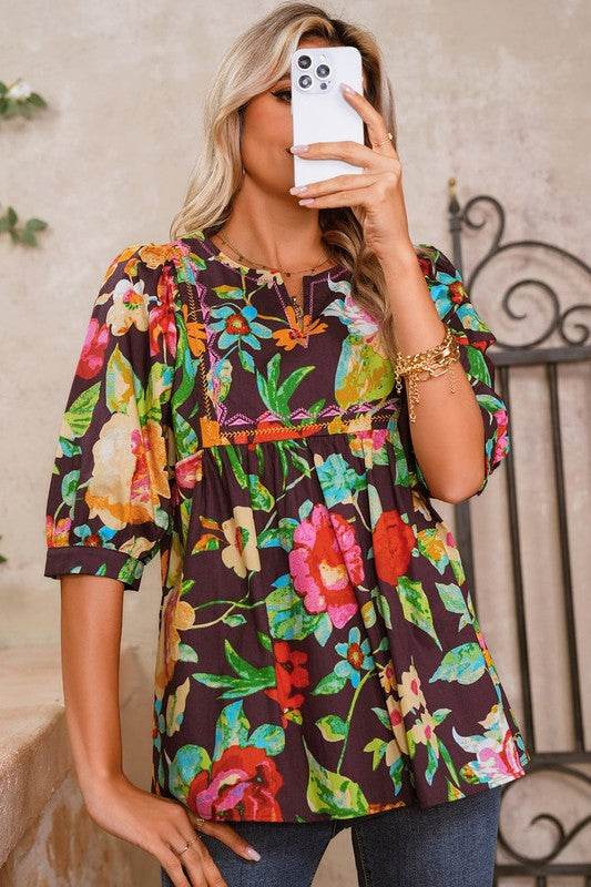 Gray Flower Embroidered Trim Half Sleeve Blouse - Shop Style & More | Fresh Looks, Everyday Deals & Free Shipping