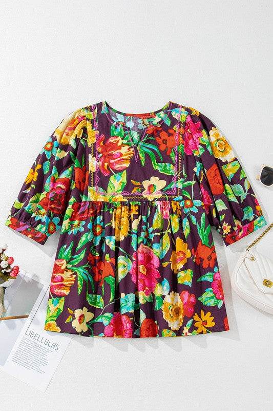 Gray Flower Embroidered Trim Half Sleeve Blouse - Shop Style & More | Fresh Looks, Everyday Deals & Free Shipping