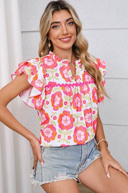 Rose Boho Floral Print Ricrac Ruffle Sleeve Blouse - Shop Style & More | Fresh Looks, Everyday Deals & Free Shipping