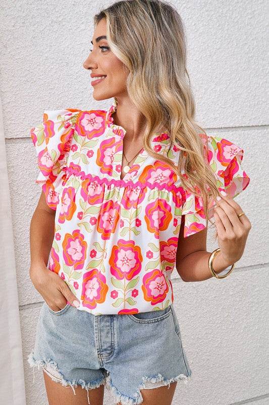 Rose Boho Floral Print Ricrac Ruffle Sleeve Blouse - Shop Style & More | Fresh Looks, Everyday Deals & Free Shipping