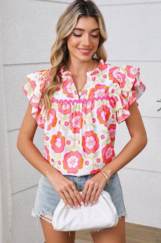 Rose Boho Floral Print Ricrac Ruffle Sleeve Blouse - Shop Style & More | Fresh Looks, Everyday Deals & Free Shipping