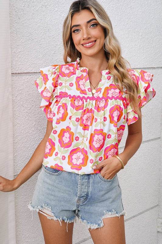 Rose Boho Floral Print Ricrac Ruffle Sleeve Blouse - Shop Style & More | Fresh Looks, Everyday Deals & Free Shipping