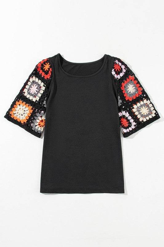 Black Floral Hollowed Crochet Sleeve Boho T Shirt - Shop Style & More | Fresh Looks, Everyday Deals & Free Shipping