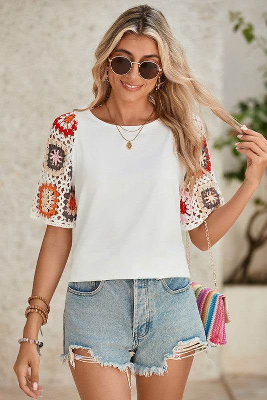 Black Floral Hollowed Crochet Sleeve Boho T Shirt - Shop Style & More | Fresh Looks, Everyday Deals & Free Shipping
