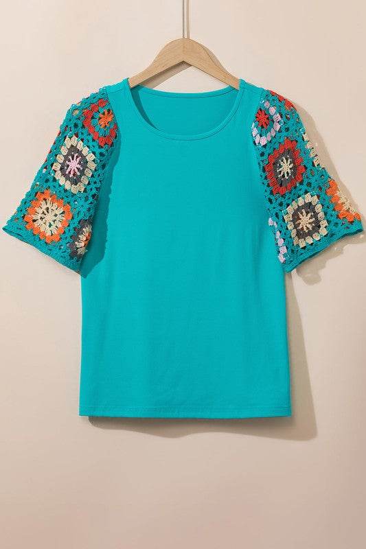 Black Floral Hollowed Crochet Sleeve Boho T Shirt - Shop Style & More | Fresh Looks, Everyday Deals & Free Shipping