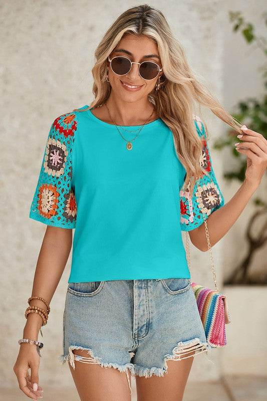 Black Floral Hollowed Crochet Sleeve Boho T Shirt - Shop Style & More | Fresh Looks, Everyday Deals & Free Shipping
