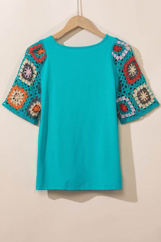 Black Floral Hollowed Crochet Sleeve Boho T Shirt - Shop Style & More | Fresh Looks, Everyday Deals & Free Shipping