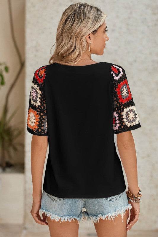 Black Floral Hollowed Crochet Sleeve Boho T Shirt - Shop Style & More | Fresh Looks, Everyday Deals & Free Shipping