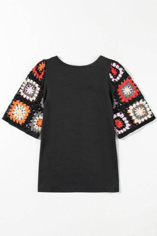 Black Floral Hollowed Crochet Sleeve Boho T Shirt - Shop Style & More | Fresh Looks, Everyday Deals & Free Shipping