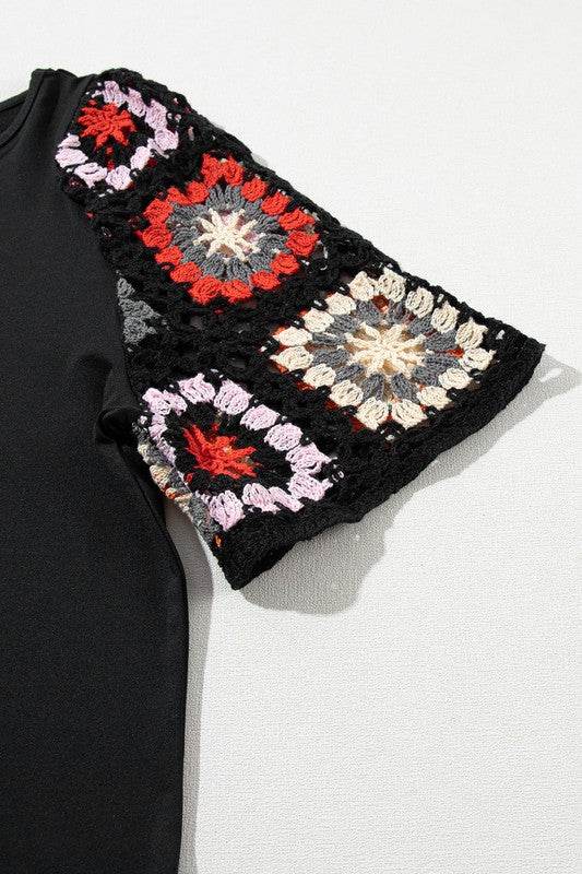 Black Floral Hollowed Crochet Sleeve Boho T Shirt - Shop Style & More | Fresh Looks, Everyday Deals & Free Shipping