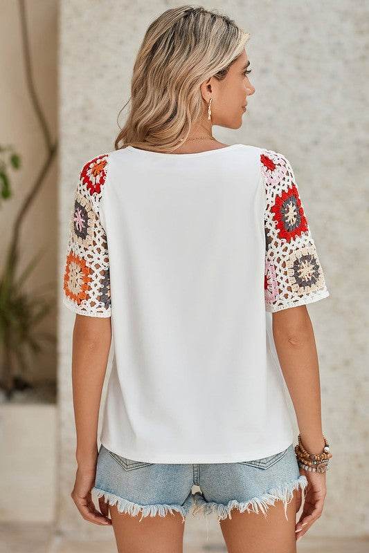 Black Floral Hollowed Crochet Sleeve Boho T Shirt - Shop Style & More | Fresh Looks, Everyday Deals & Free Shipping
