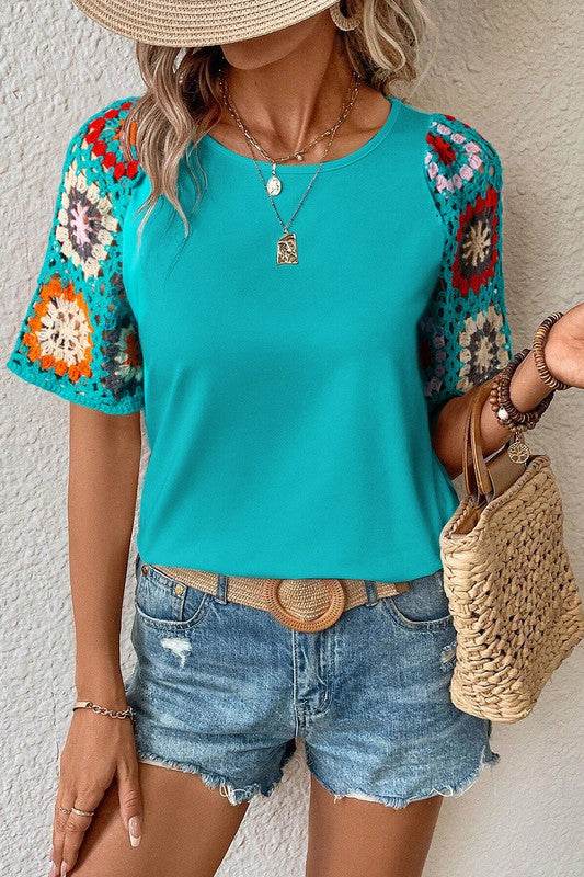 Black Floral Hollowed Crochet Sleeve Boho T Shirt - Shop Style & More | Fresh Looks, Everyday Deals & Free Shipping