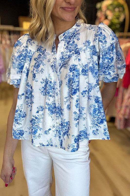 Sky Blue Floral Print Puff Sleeve Pleated Shirt - Shop Style & More | Fresh Looks, Everyday Deals & Free Shipping