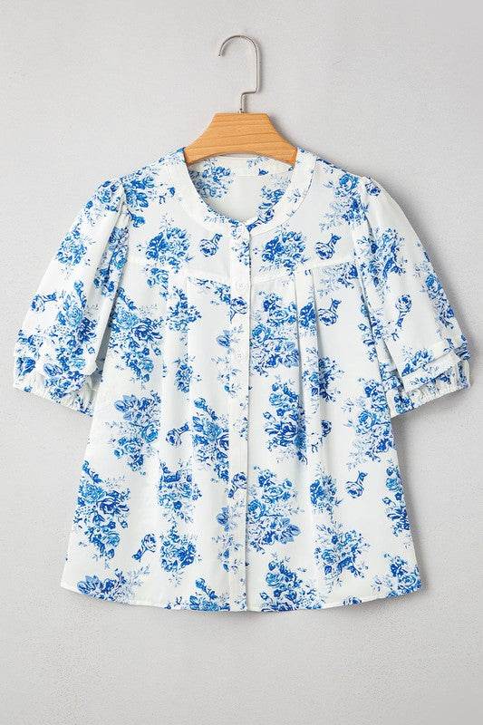 Sky Blue Floral Print Puff Sleeve Pleated Shirt - Shop Style & More | Fresh Looks, Everyday Deals & Free Shipping