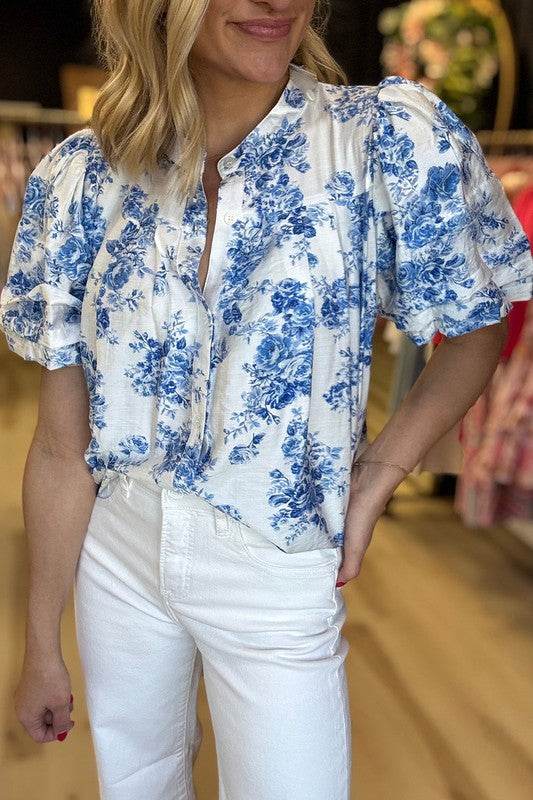 Sky Blue Floral Print Puff Sleeve Pleated Shirt - Shop Style & More | Fresh Looks, Everyday Deals & Free Shipping