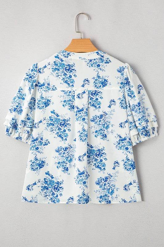 Sky Blue Floral Print Puff Sleeve Pleated Shirt - Shop Style & More | Fresh Looks, Everyday Deals & Free Shipping