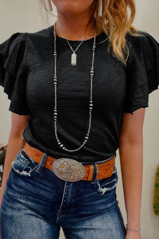 Dark Grey Ruffle Sleeve Plain Blouse - Shop Style & More | Fresh Looks, Everyday Deals & Free Shipping