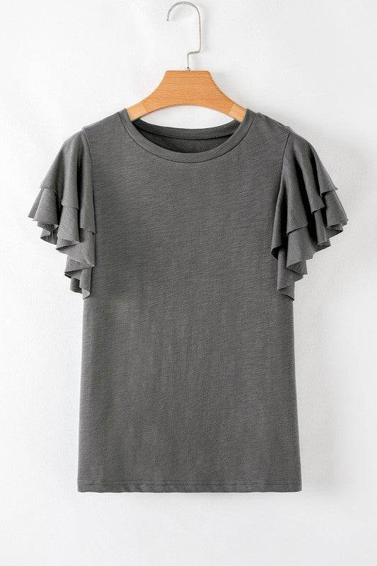 Dark Grey Ruffle Sleeve Plain Blouse - Shop Style & More | Fresh Looks, Everyday Deals & Free Shipping