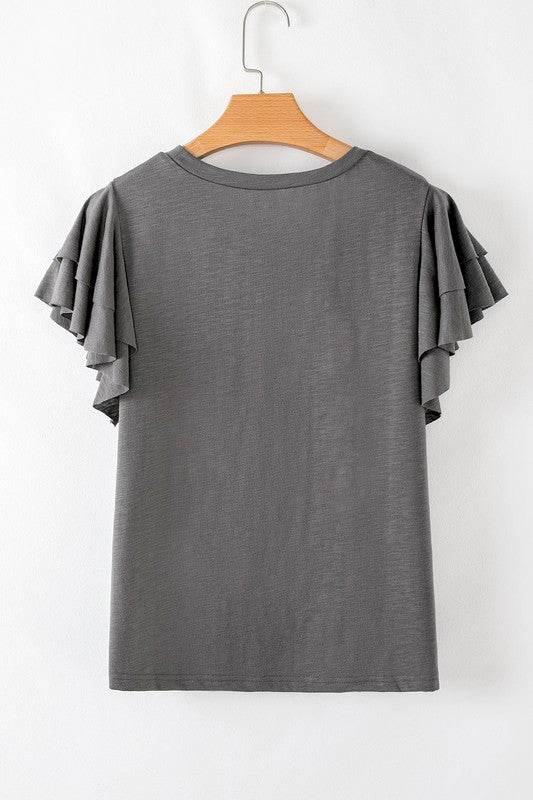 Dark Grey Ruffle Sleeve Plain Blouse - Shop Style & More | Fresh Looks, Everyday Deals & Free Shipping