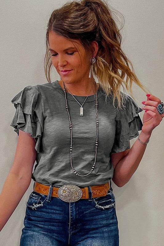Dark Grey Ruffle Sleeve Plain Blouse - Shop Style & More | Fresh Looks, Everyday Deals & Free Shipping