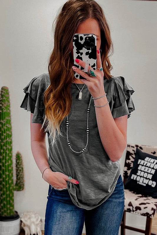 Dark Grey Ruffle Sleeve Plain Blouse - Shop Style & More | Fresh Looks, Everyday Deals & Free Shipping