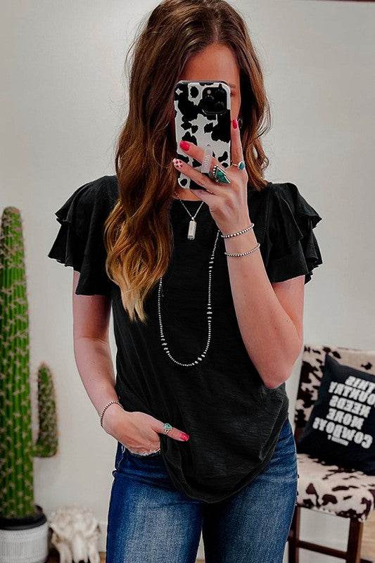Dark Grey Ruffle Sleeve Plain Blouse - Shop Style & More | Fresh Looks, Everyday Deals & Free Shipping