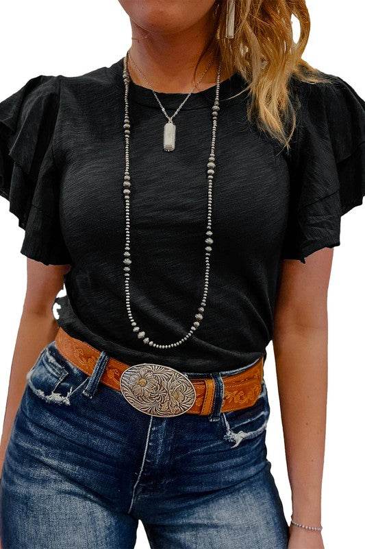 Dark Grey Ruffle Sleeve Plain Blouse - Shop Style & More | Fresh Looks, Everyday Deals & Free Shipping