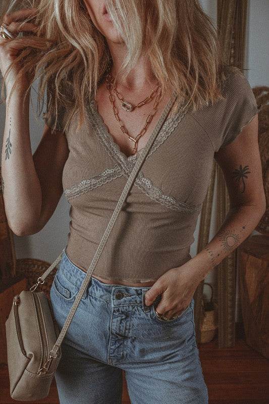 Lace Splicing Criss Cross Slim Fit V Neck T Shirt - Shop Style & More | Fresh Looks, Everyday Deals & Free Shipping