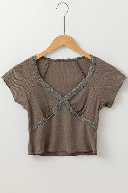 Lace Splicing Criss Cross Slim Fit V Neck T Shirt - Shop Style & More | Fresh Looks, Everyday Deals & Free Shipping