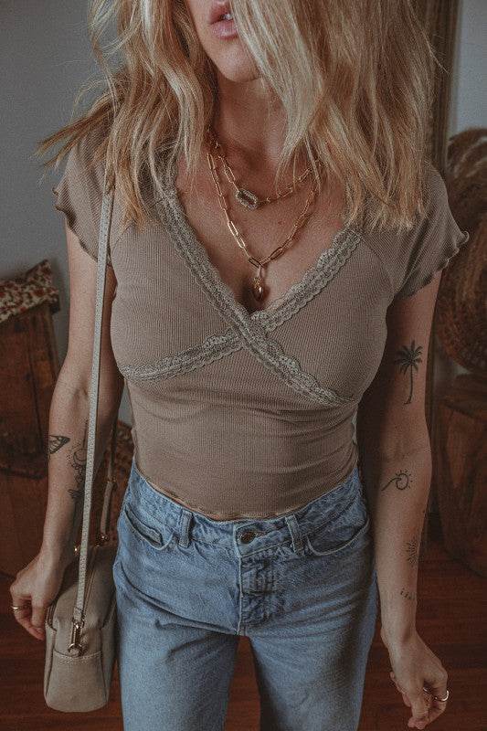 Lace Splicing Criss Cross Slim Fit V Neck T Shirt - Shop Style & More | Fresh Looks, Everyday Deals & Free Shipping