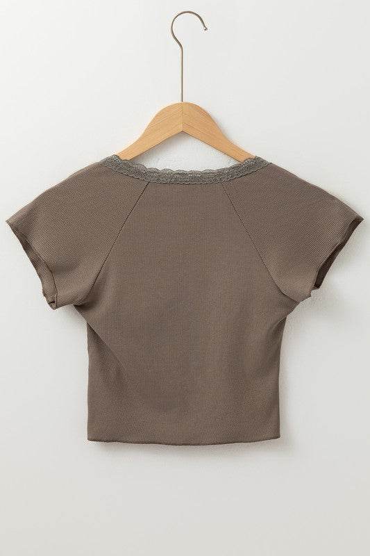 Lace Splicing Criss Cross Slim Fit V Neck T Shirt - Shop Style & More | Fresh Looks, Everyday Deals & Free Shipping