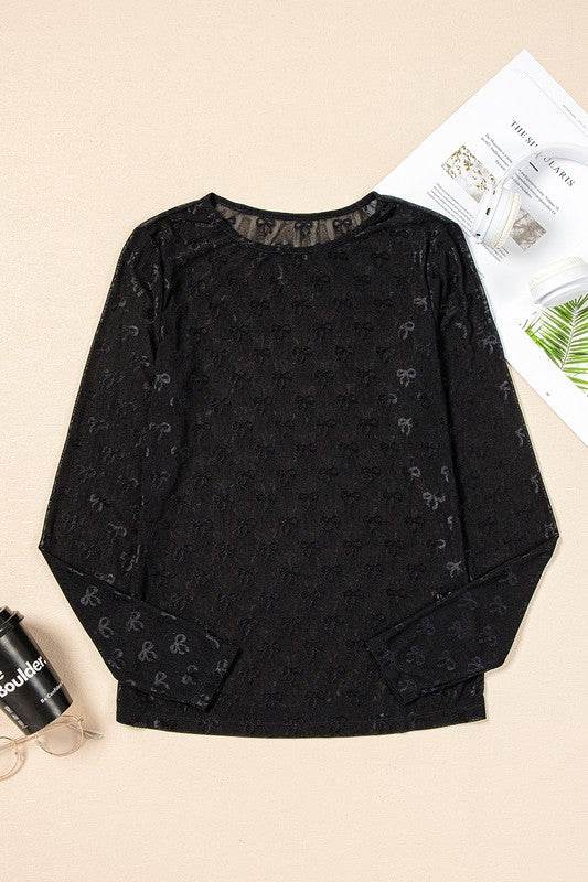 Black Mesh Bow Pattern Long Sleeve Top - Shop Style & More | Fresh Looks, Everyday Deals & Free Shipping