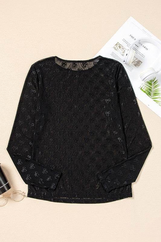Black Mesh Bow Pattern Long Sleeve Top - Shop Style & More | Fresh Looks, Everyday Deals & Free Shipping