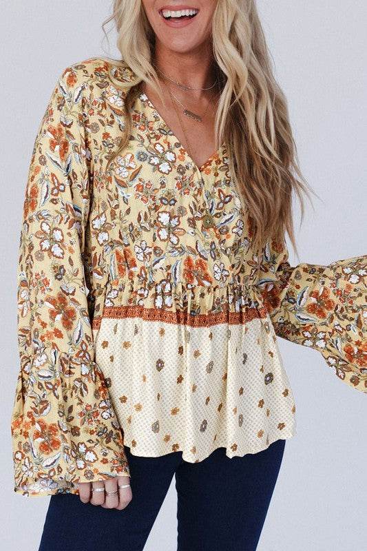 Floral V Neck Wrapped Contrast Peplum Blouse - Shop Style & More | Fresh Looks, Everyday Deals & Free Shipping