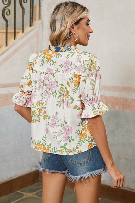 Multicolour V Neck Half Sleeve Boho Floral Blouse - Shop Style & More | Fresh Looks, Everyday Deals & Free Shipping