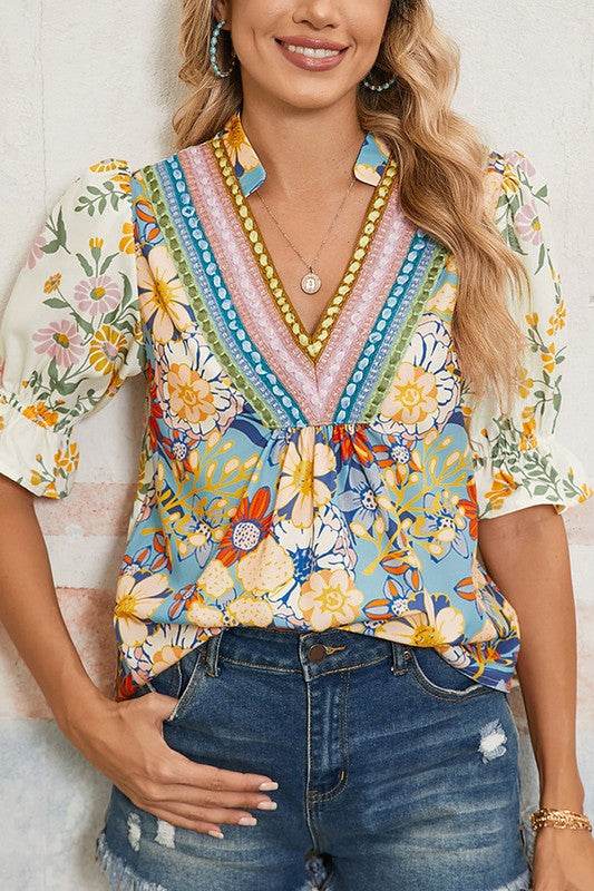 Multicolour V Neck Half Sleeve Boho Floral Blouse - Shop Style & More | Fresh Looks, Everyday Deals & Free Shipping
