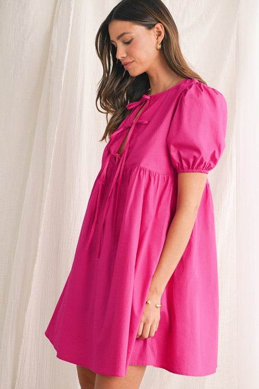 Bright Pink Tie Front Puff Sleeve Mini Dress - Shop Style & More | Fresh Looks, Everyday Deals & Free Shipping
