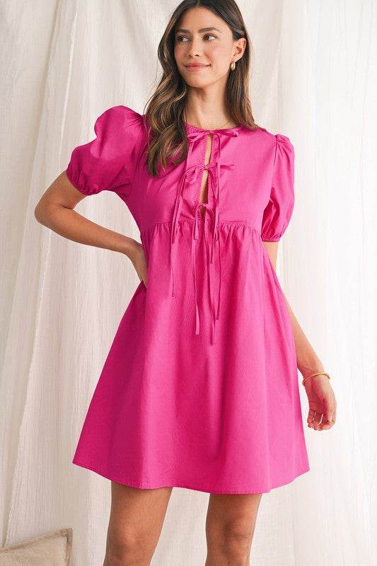 Bright Pink Tie Front Puff Sleeve Mini Dress - Shop Style & More | Fresh Looks, Everyday Deals & Free Shipping