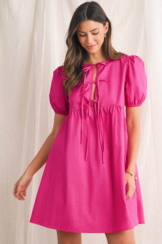 Bright Pink Tie Front Puff Sleeve Mini Dress - Shop Style & More | Fresh Looks, Everyday Deals & Free Shipping