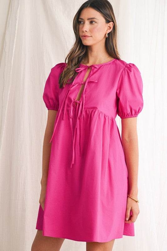 Bright Pink Tie Front Puff Sleeve Mini Dress - Shop Style & More | Fresh Looks, Everyday Deals & Free Shipping